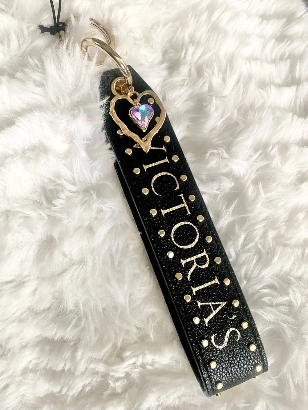 Victoria's Secret Black Key Fob with Gold Heart Charm and Iridescent Accent